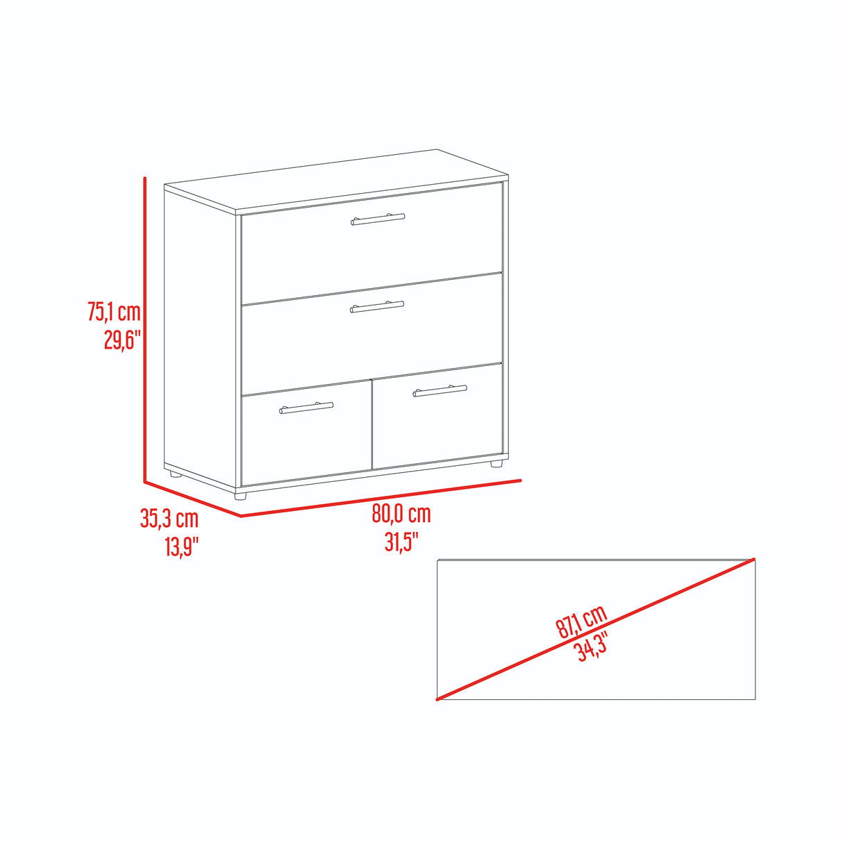 Cajonera Sevilla Fresno Europeo y Blanco 80x75cm De Tres Hileras con Cuatro Cajones - CAJONERAS Y COMODAS | Bylmo