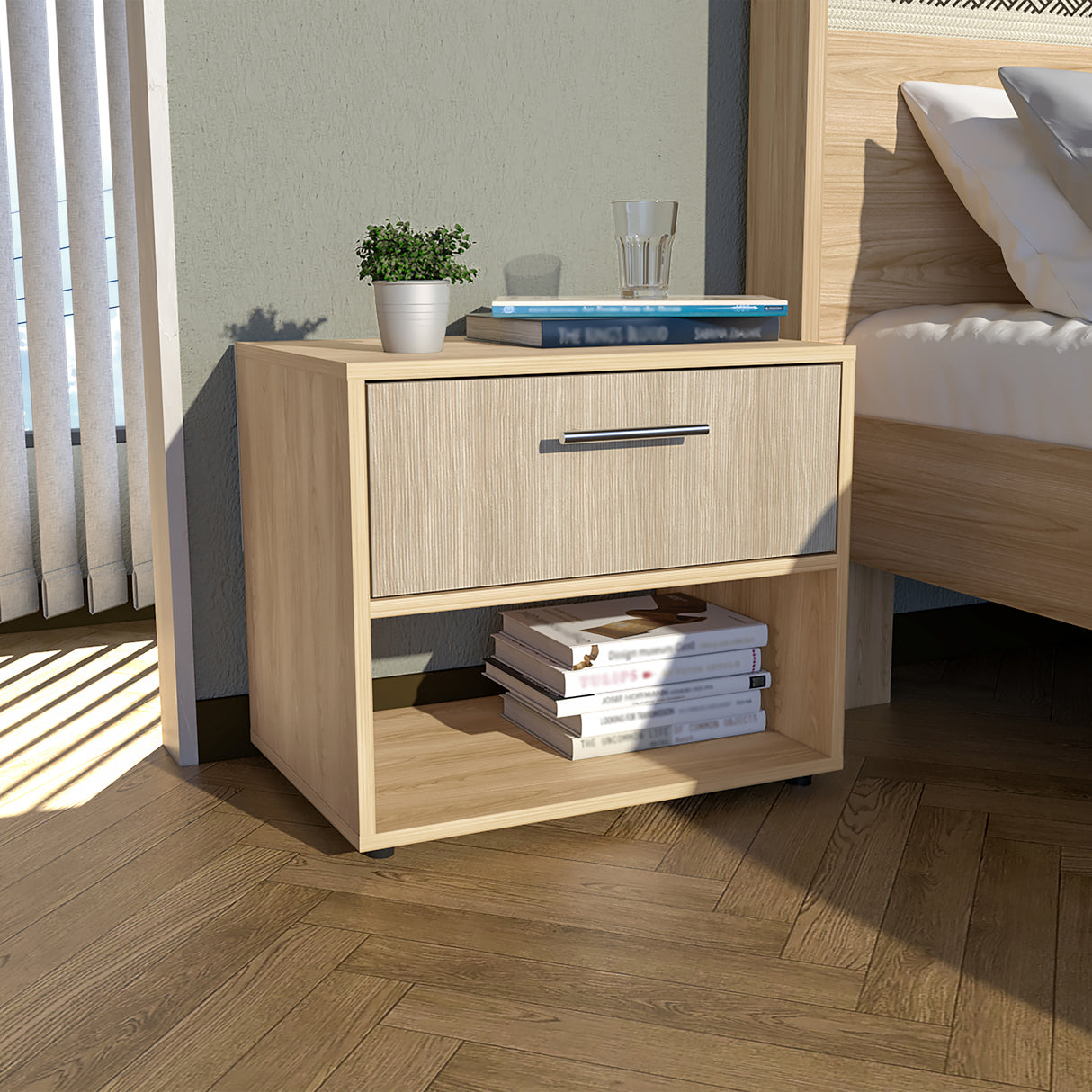 Mesa de Noche Sevilla Fresno Europeo 45.9x37.3cm con Dos Compartimientos - MESAS DE NOCHE | Bylmo