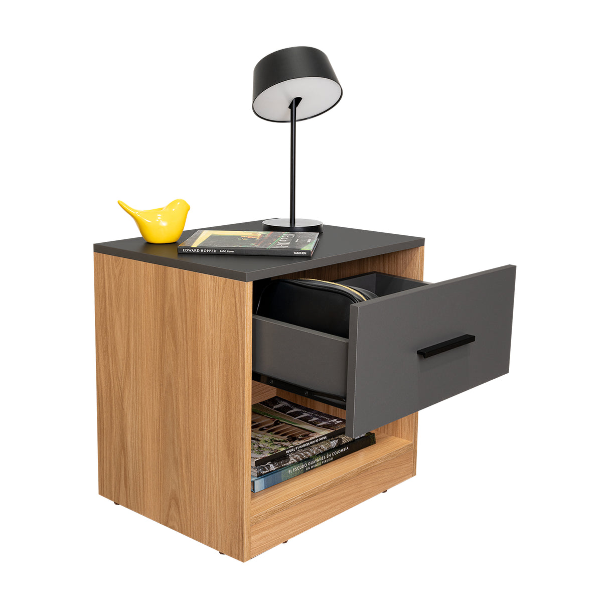 Mesa de Noche Girona Plomo y Fresno Europeo 50x40.3cm con Dos Compartimientos - MESAS DE NOCHE | Bylmo