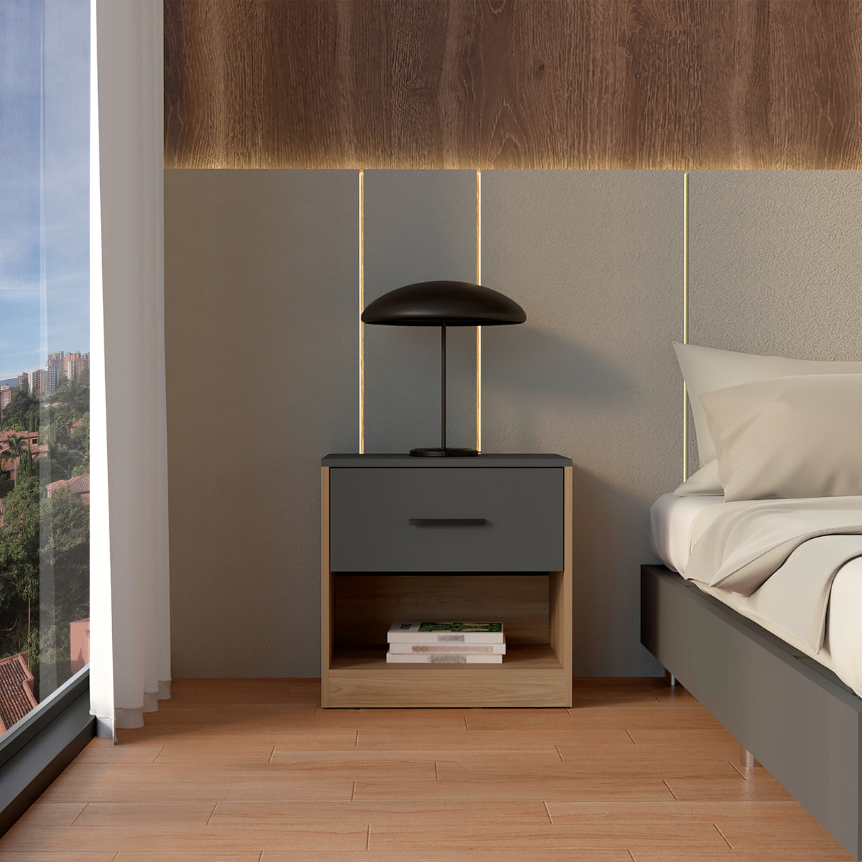 Mesa de Noche Girona Plomo y Fresno Europeo 50x40.3cm con Dos Compartimientos - MESAS DE NOCHE | Bylmo