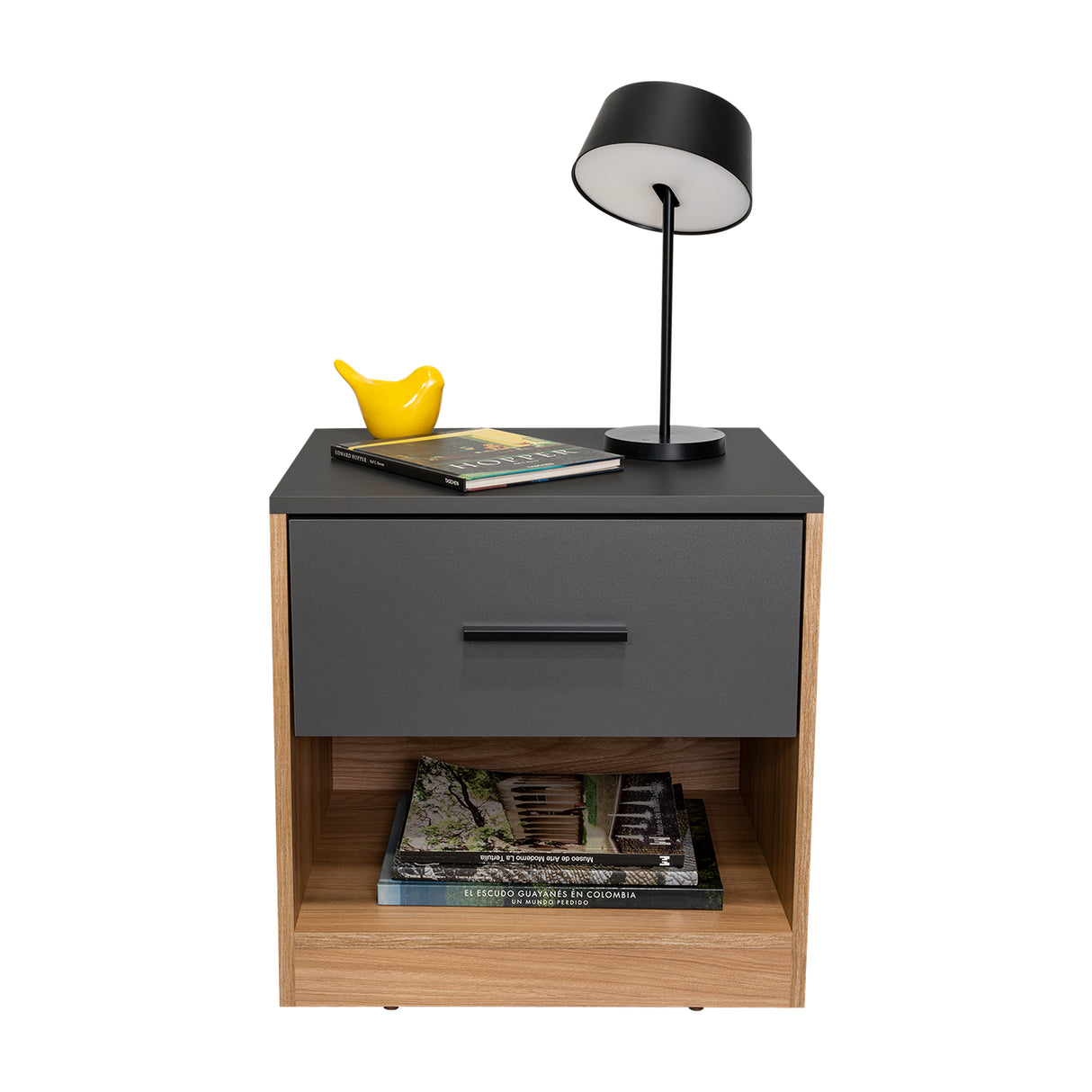 Mesa de Noche Girona Plomo y Fresno Europeo 50x40.3cm con Dos Compartimientos - MESAS DE NOCHE | Bylmo