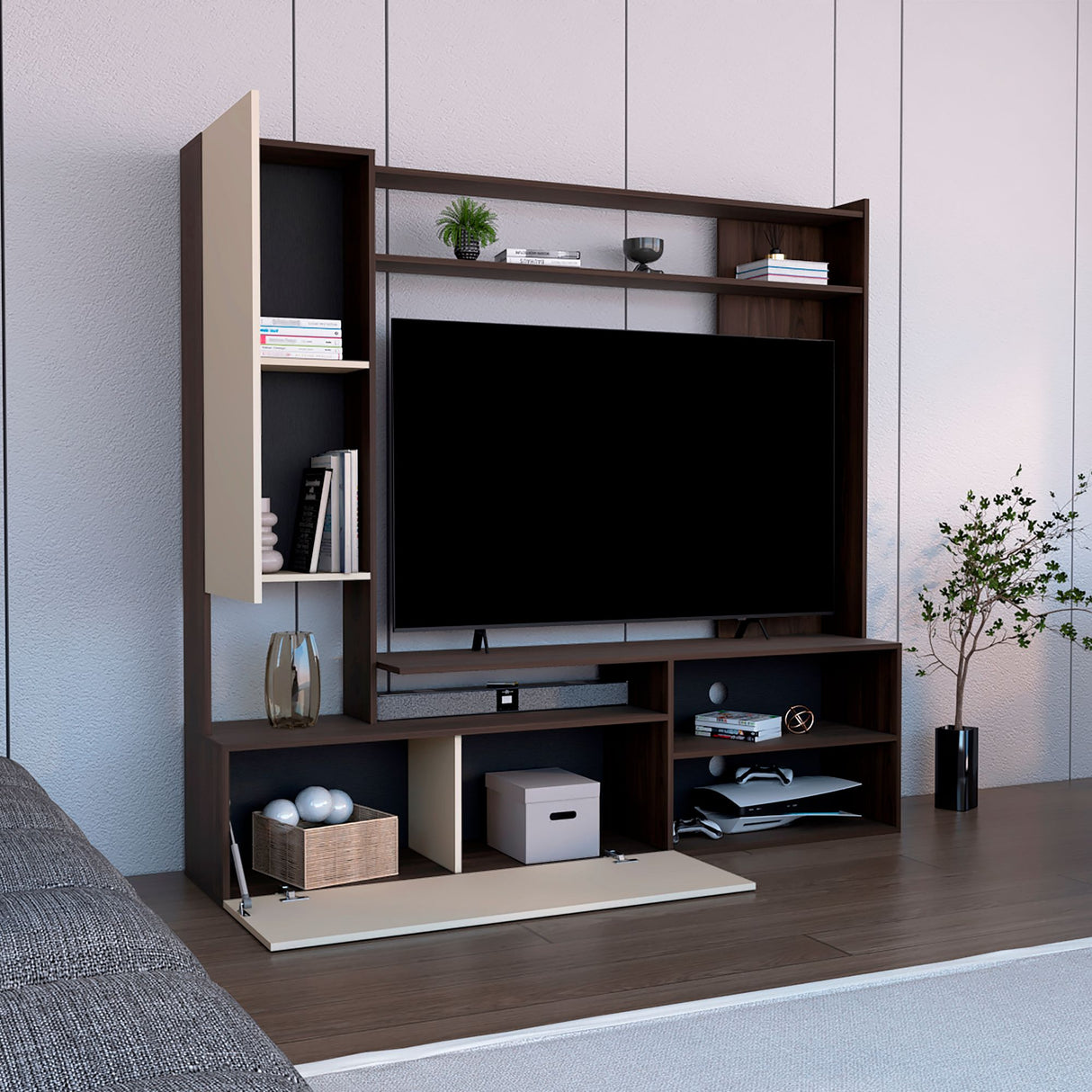 Rack de TV Nolic Capri y Nogal 167x35cm Para TV Hasta 60 Pulgadas - MUEBLES DE TV | Bylmo