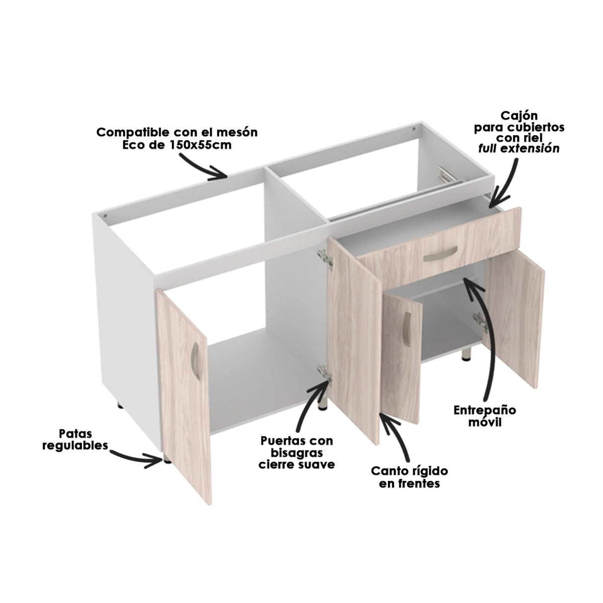 Mueble Inferior de Cocina Ambar Soder 148x87cm sin Mesón sin Pozuelo y con Organizador de Cubiertos - MUEBLES INFERIORES DE COCINA | Bylmo