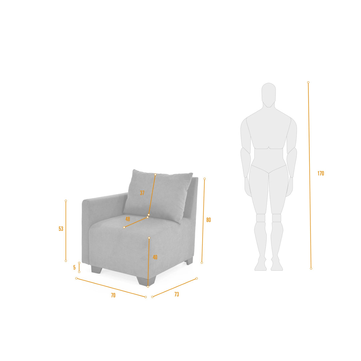 Poltrona Modular Alcala Plata 70x80cm de Un Puesto con Apoya Brazos Derecho - SOFAS Y POLTRONAS | Bylmo