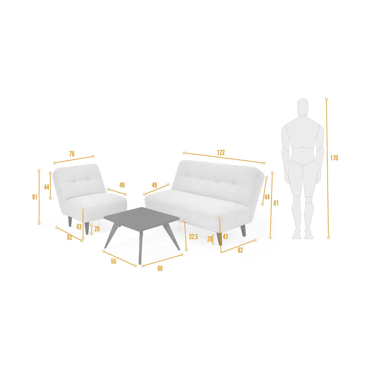 Sala Baltimore Gris 122x81cm de Tres Puestos con Mesa de Centro - SOFAS Y POLTRONAS | Bylmo