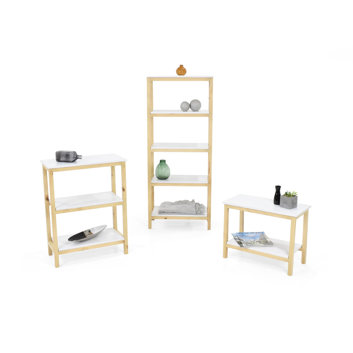Combo Estantería Brooklyn Blanco y Matiz Natural 186x146cm con Diez Entrepaños y Una Mesa Auxiliar - BIBLIOTECAS Y ESTANTERIAS | Bylmo