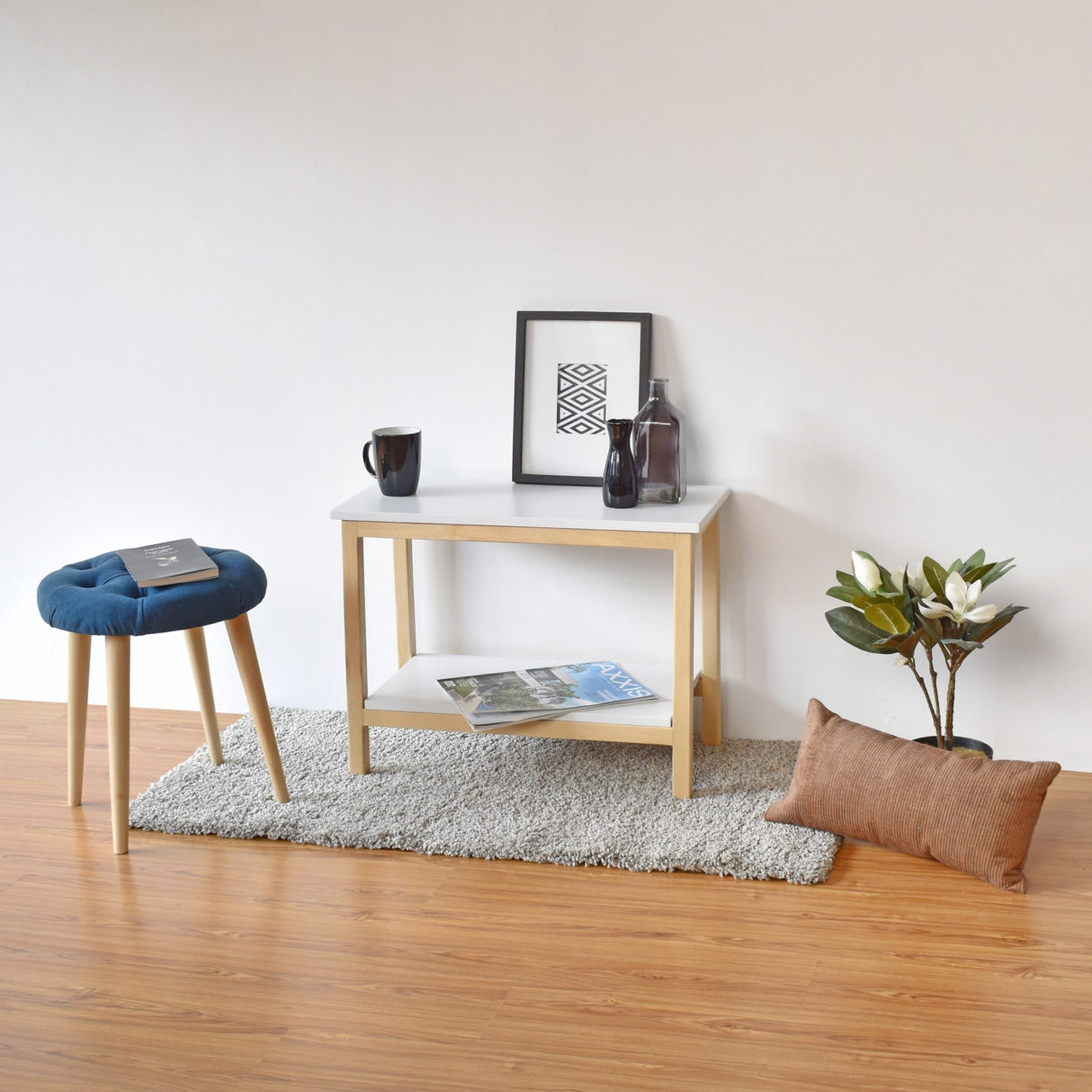 Mesa Auxiliar Rectangular Brooklyn Blanco y Matiz Natural 62x48cm con Dos Compartimientos - MESAS AUXILIARES | Bylmo