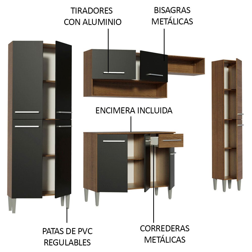 Cocina Integral Emily Hit Negro 261x186cm con Mesón de Madera y sin Estufa - COCINAS | Bylmo
