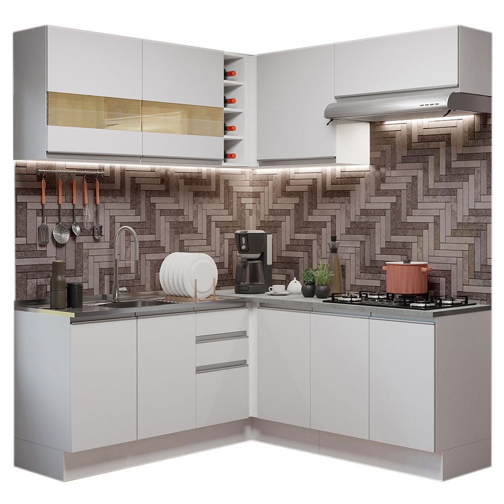 Cocina Integral Esquinero Glamy Blanco 349x225cm sin Mesón con Un Cajón para Cubiertos y sin Estufa - COCINAS | Bylmo