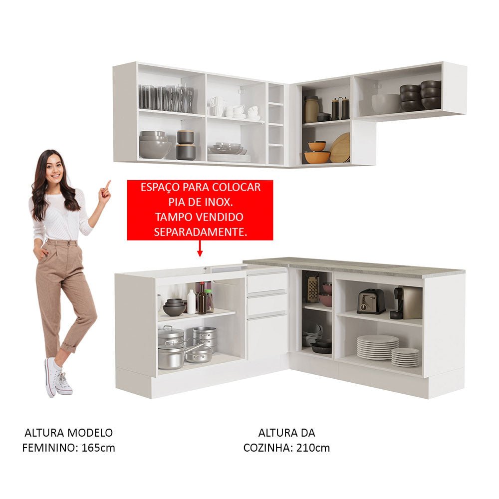 Cocina Integral Esquinero Glamy Blanco 349x225cm sin Mesón con Un Cajón para Cubiertos y sin Estufa - COCINAS | Bylmo