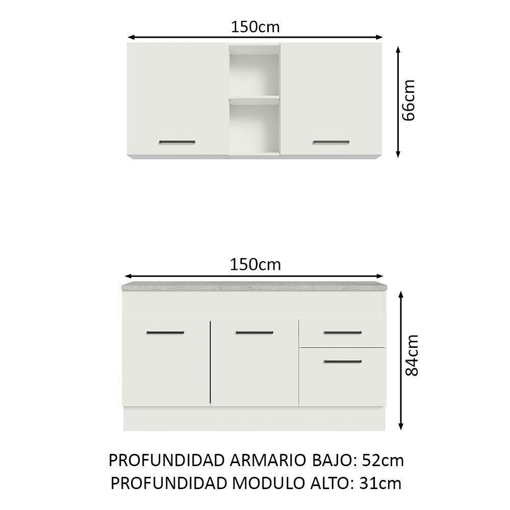Cocina Integral Agata Blanco 150x225cm con Mesón de Madera y sin Estufa - COCINAS | Bylmo