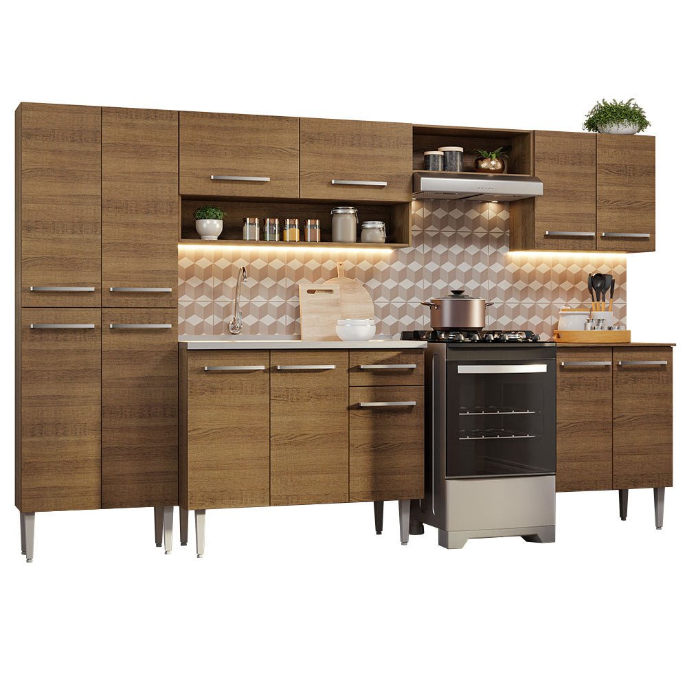 Cocina Integral Emily Marron 293x186cm con Mesón de Acero Inoxidable con Catorce Entrepaños y sin Estufa - COCINAS | Bylmo