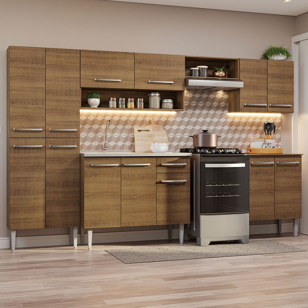 Cocina Integral Emily Marron 293x186cm con Mesón de Acero Inoxidable con Catorce Entrepaños y sin Estufa - COCINAS | Bylmo