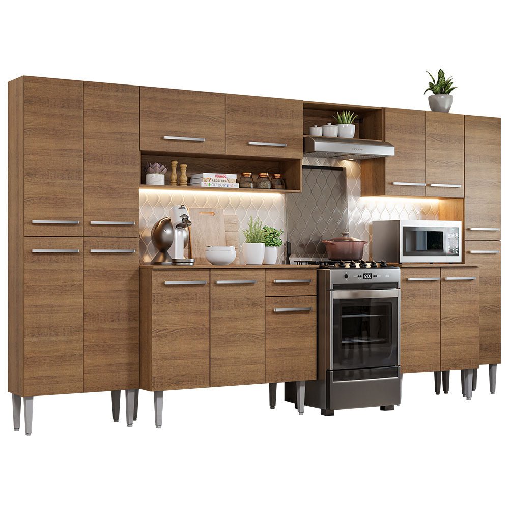 Cocina Integral Emily Joy Marron 325x186cm con Mesón de Madera con Diceciocho Entrepaños y sin Estufa - COCINAS | Bylmo