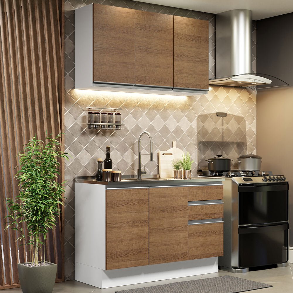 Cocina Integral Glamy Marron 120x225cm con Mesón de Acero Inoxidable con Dos Muebles Superiores y sin Estufa - COCINAS | Bylmo