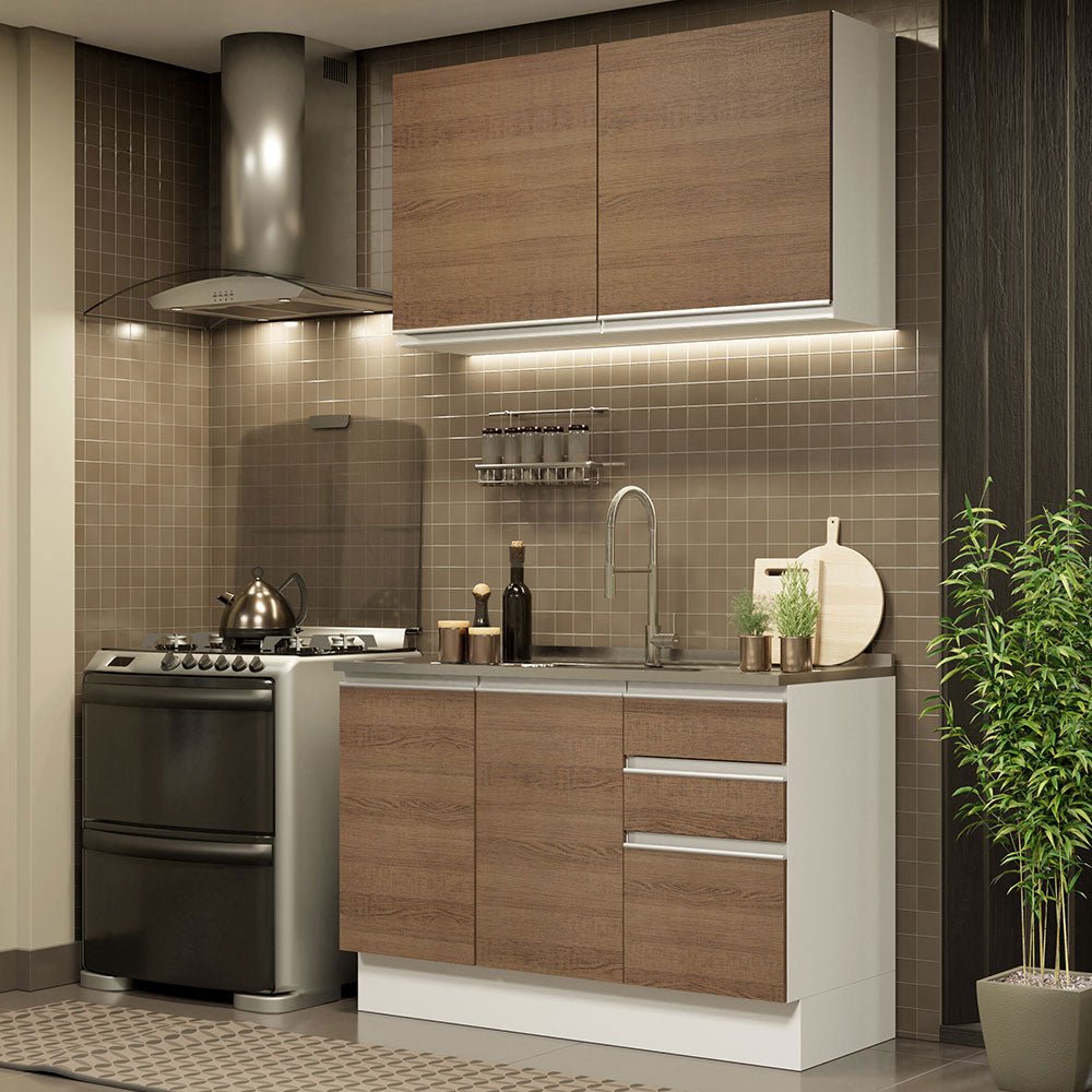 Cocina Integral Glamy Marron 120x225cm con Mesón de Acero Inoxidable y sin Estufa - COCINAS | Bylmo
