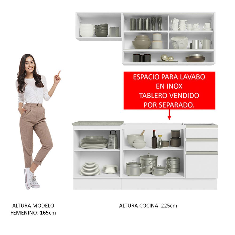 Cocina Integral Glamy Blanco 180x225cm sin Mesón con Diez Entrepaños y sin Estufa - COCINAS | Bylmo