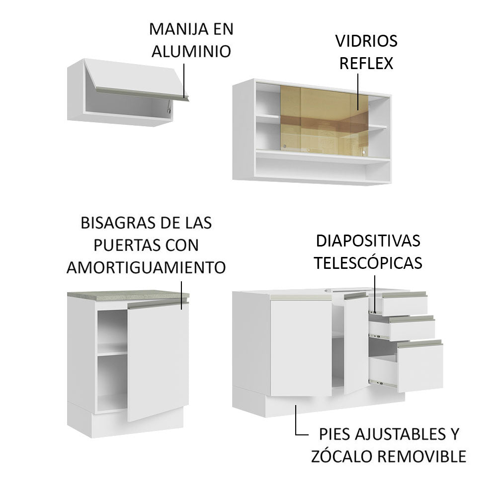 Cocina Integral Glamy Blanco 180x225cm sin Mesón con Diez Entrepaños y sin Estufa - COCINAS | Bylmo