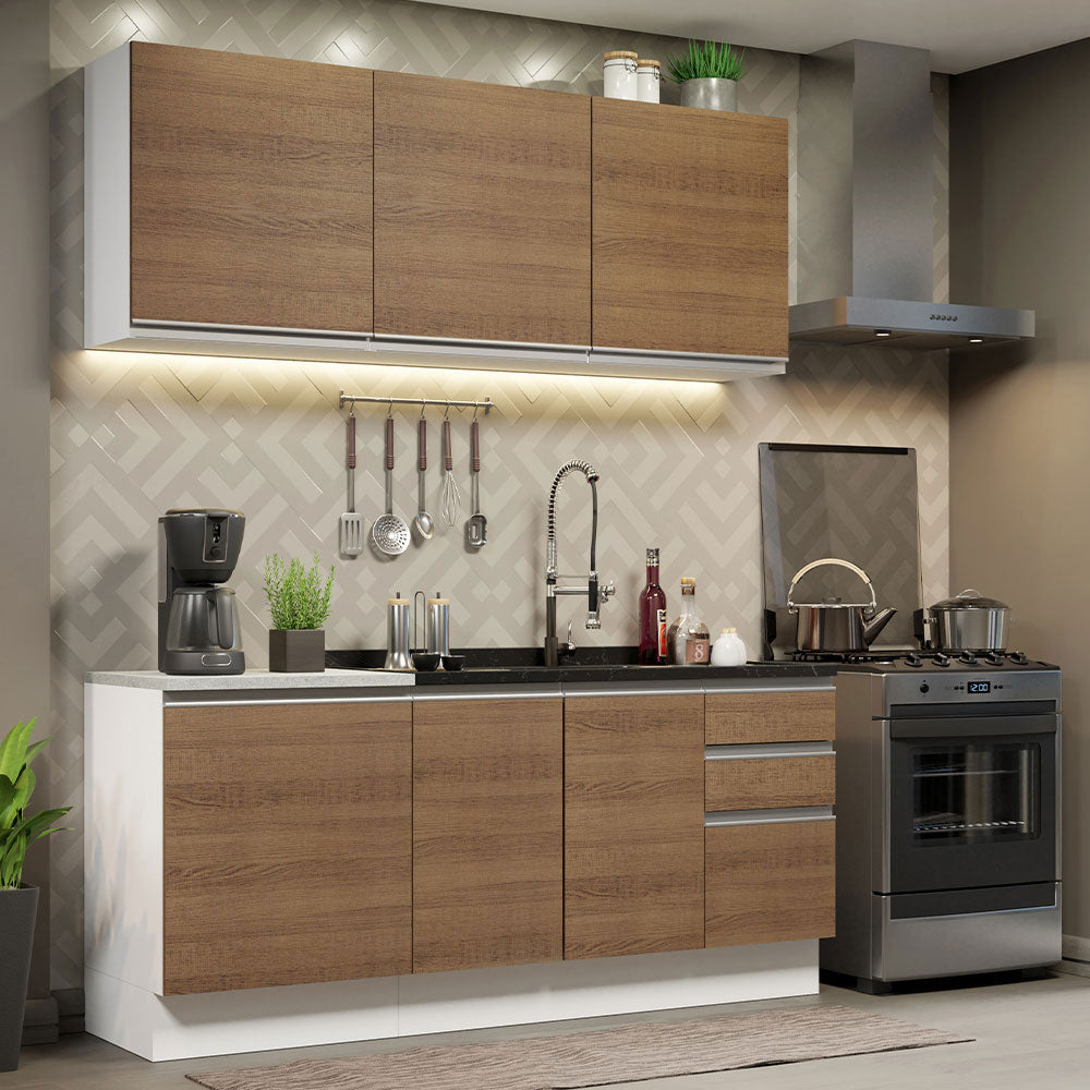 Cocina Integral Glamy Marron 180x225cm con Mesón de Acero Inoxidable con Diez Entepaños y sin Estufa