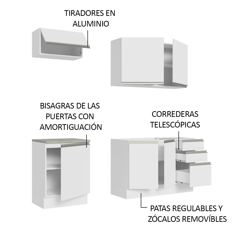 Cocina Integral Glamy Blanco 180x225cm con Mesón de Acero Inoxidable con Nueve Entrepaños y sin Estufa - COCINAS | Bylmo