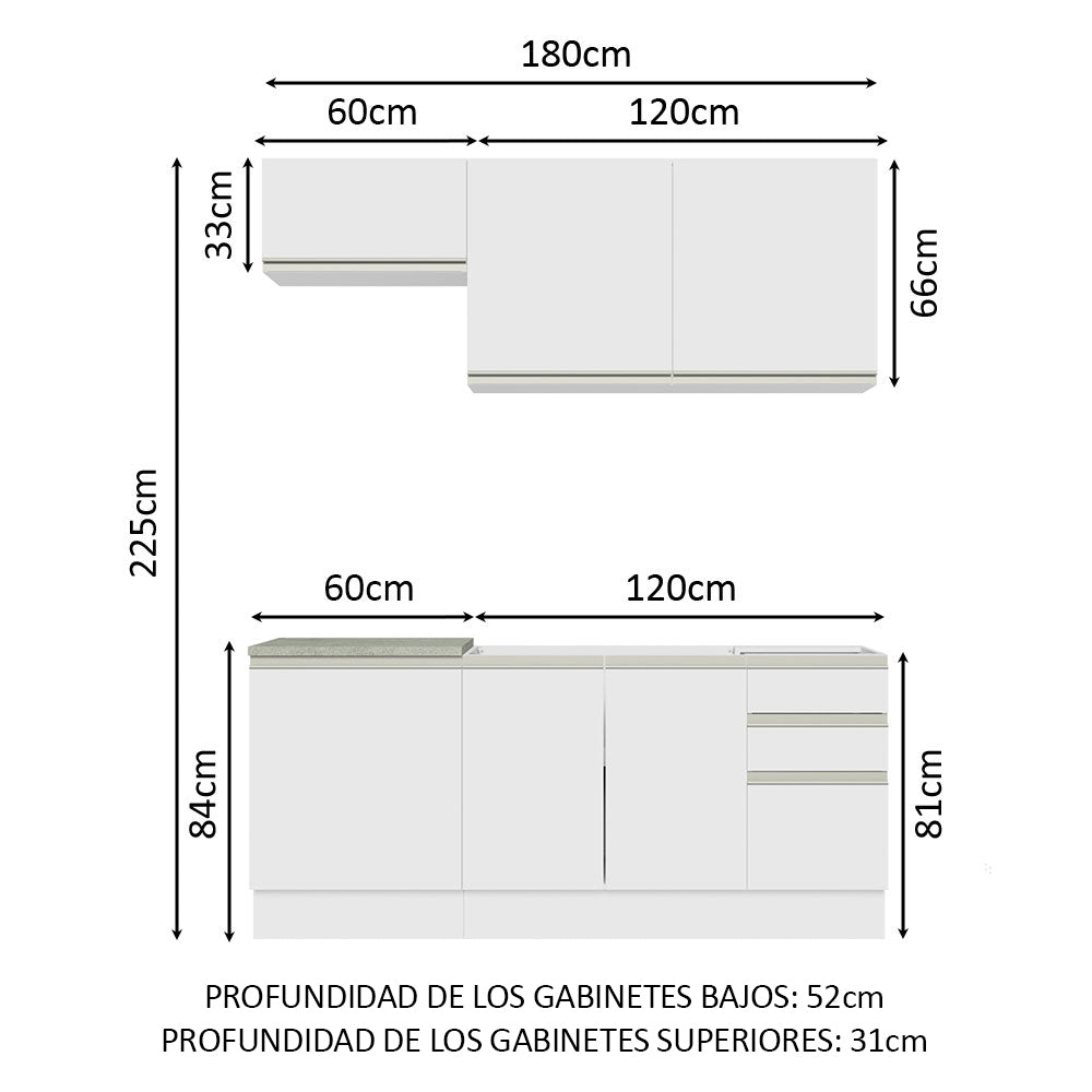 Cocina Integral Glamy Blanco 180x225cm con Mesón de Acero Inoxidable con Nueve Entrepaños y sin Estufa - COCINAS | Bylmo