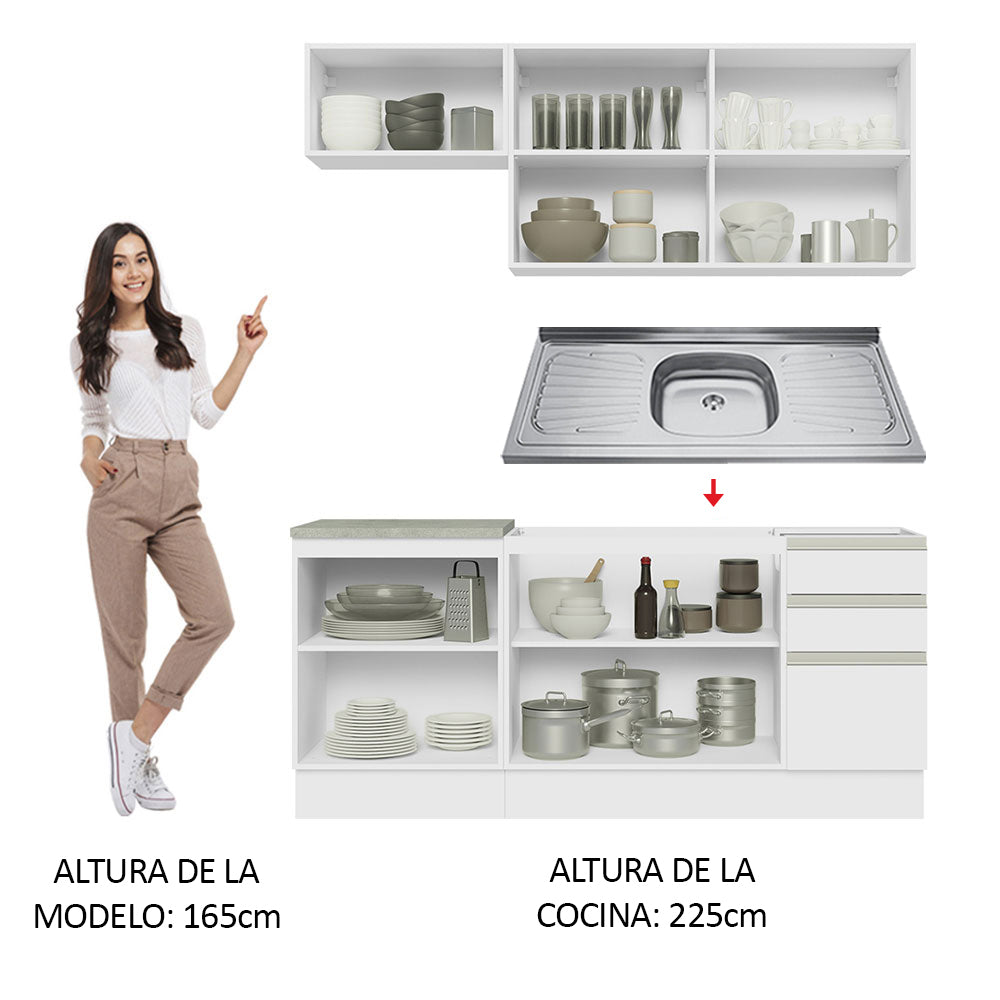 Cocina Integral Glamy Blanco 180x225cm con Mesón de Acero Inoxidable con Nueve Entrepaños y sin Estufa - COCINAS | Bylmo
