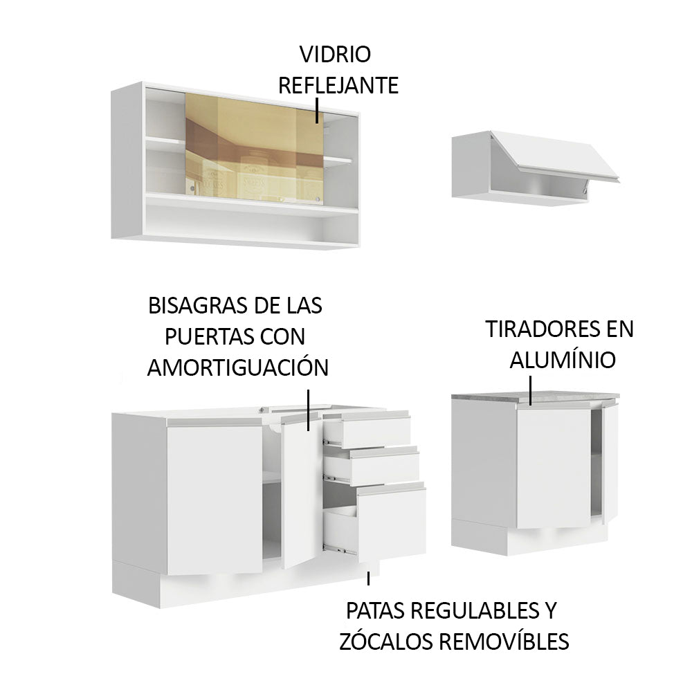 Cocina Integral Glamy Blanco 200x225cm con Mesón de Acero Inoxidable con Dos Muebles Superiores y sin Estufa - COCINAS | Bylmo