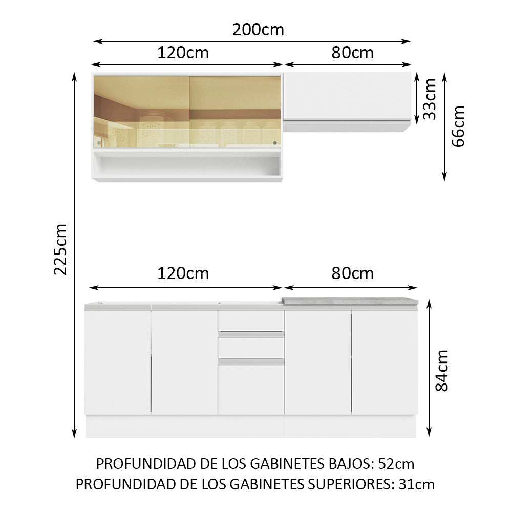 Cocina Integral Glamy Blanco 200x225cm con Mesón de Acero Inoxidable con Dos Muebles Superiores y sin Estufa - COCINAS | Bylmo