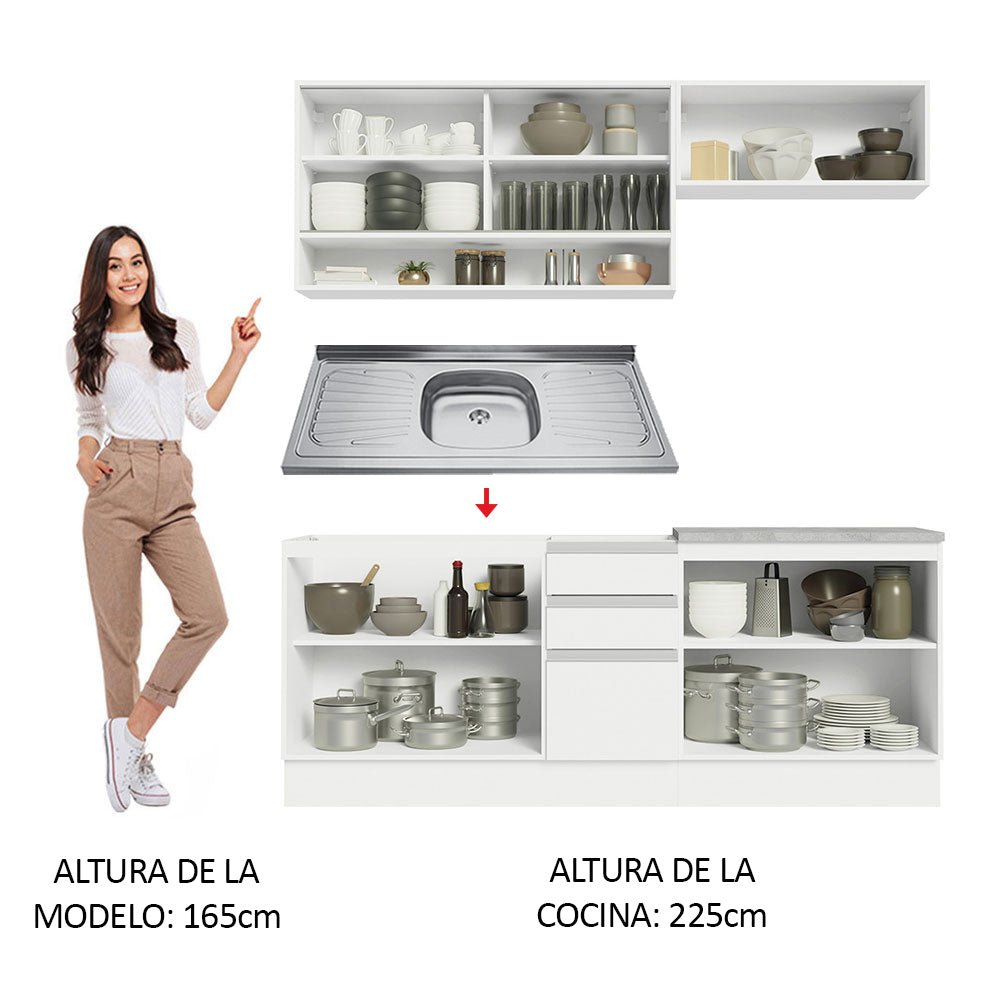 Cocina Integral Glamy Blanco 200x225cm con Mesón de Acero Inoxidable con Dos Muebles Superiores y sin Estufa - COCINAS | Bylmo