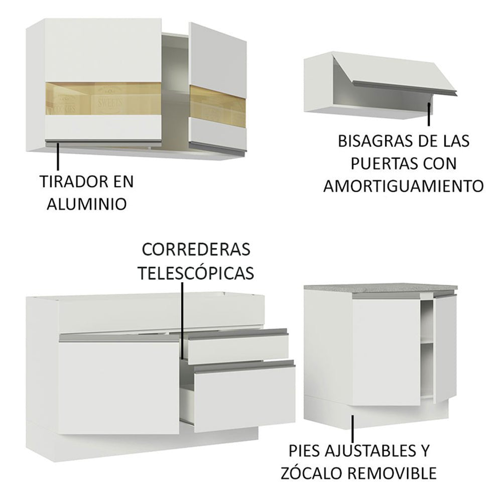 Cocina Integral Glamy Blanco 200x225cm sin Mesón con Dos Cajones y sin Estufa - COCINAS | Bylmo