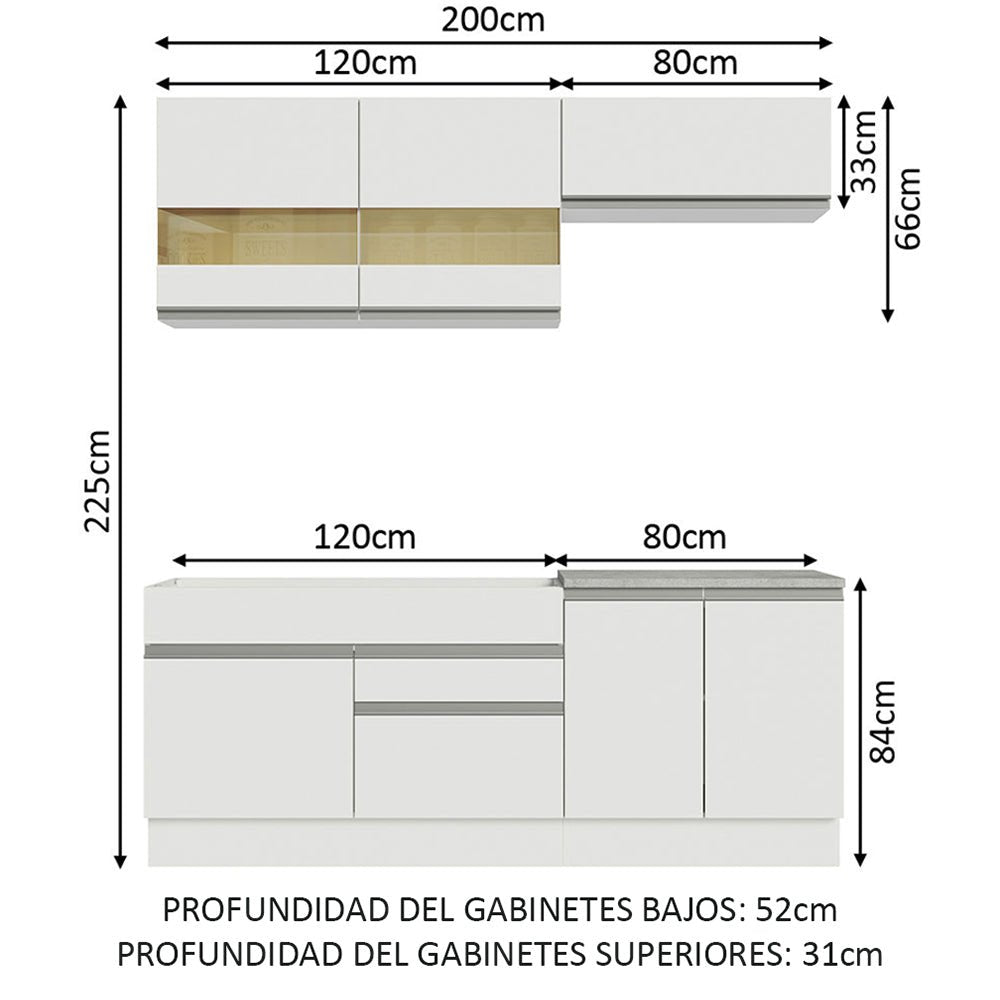 Cocina Integral Glamy Blanco 200x225cm sin Mesón con Dos Cajones y sin Estufa - COCINAS | Bylmo