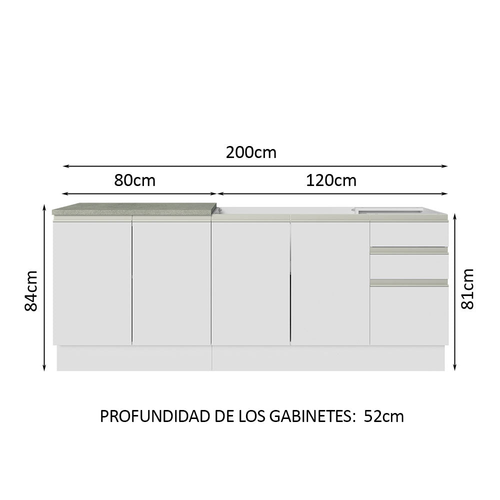 Cocina Integral Glamy Blanco 200x225cm con Mesón de Acero Inoxidable con Cuatro Entrepaños y sin Estufa - COCINAS | Bylmo