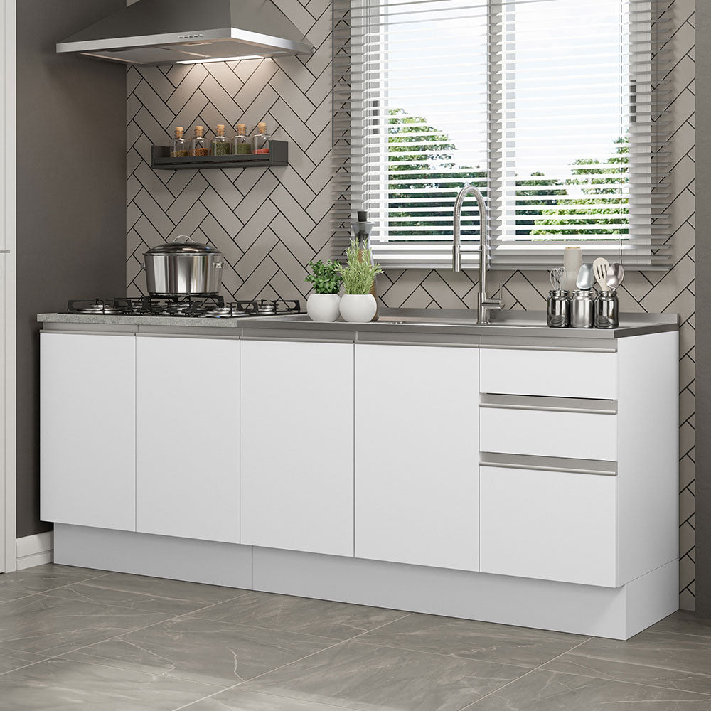 Cocina Integral Glamy Blanco 200x225cm con Mesón de Acero Inoxidable con Cuatro Entrepaños y sin Estufa - COCINAS | Bylmo