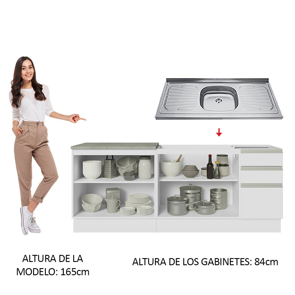 Cocina Integral Glamy Blanco 200x225cm con Mesón de Acero Inoxidable con Cuatro Entrepaños y sin Estufa - COCINAS | Bylmo