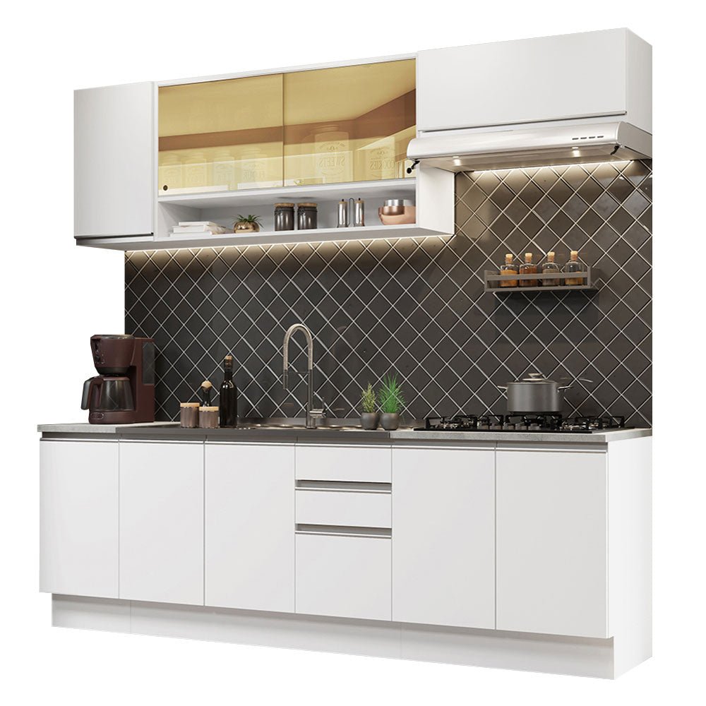 Cocina Integral Glamy Blanco 240x225cm con Mesón de Acero Inoxidable y sin Estufa - COCINAS | Bylmo