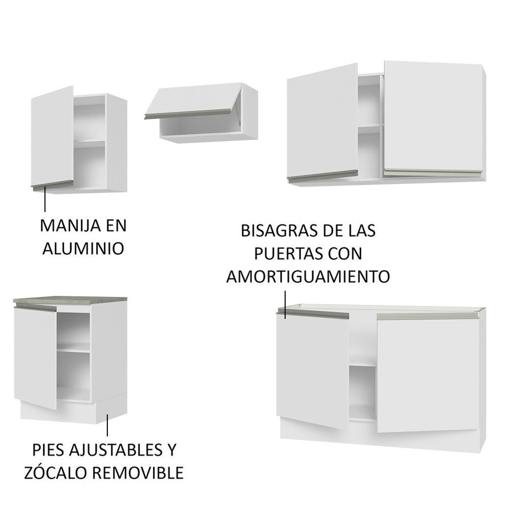 Cocina Integral Glamy Blanco 240x225cm sin Mesón con Siete Puertas y sin Estufa - COCINAS | Bylmo