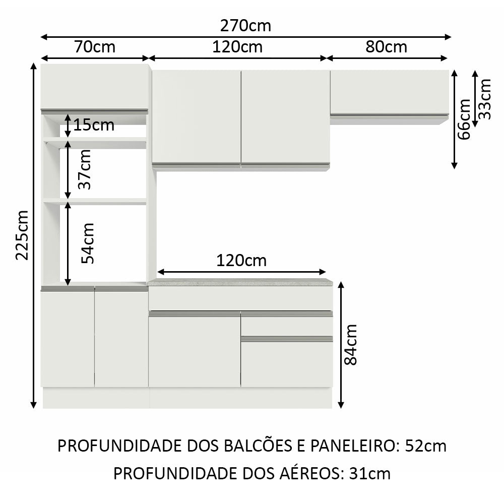 Cocina Integral Glamy Blanco 270x225cm sin Mesón con Dos Cajones Siete Puertas y sin Estufa - COCINAS | Bylmo