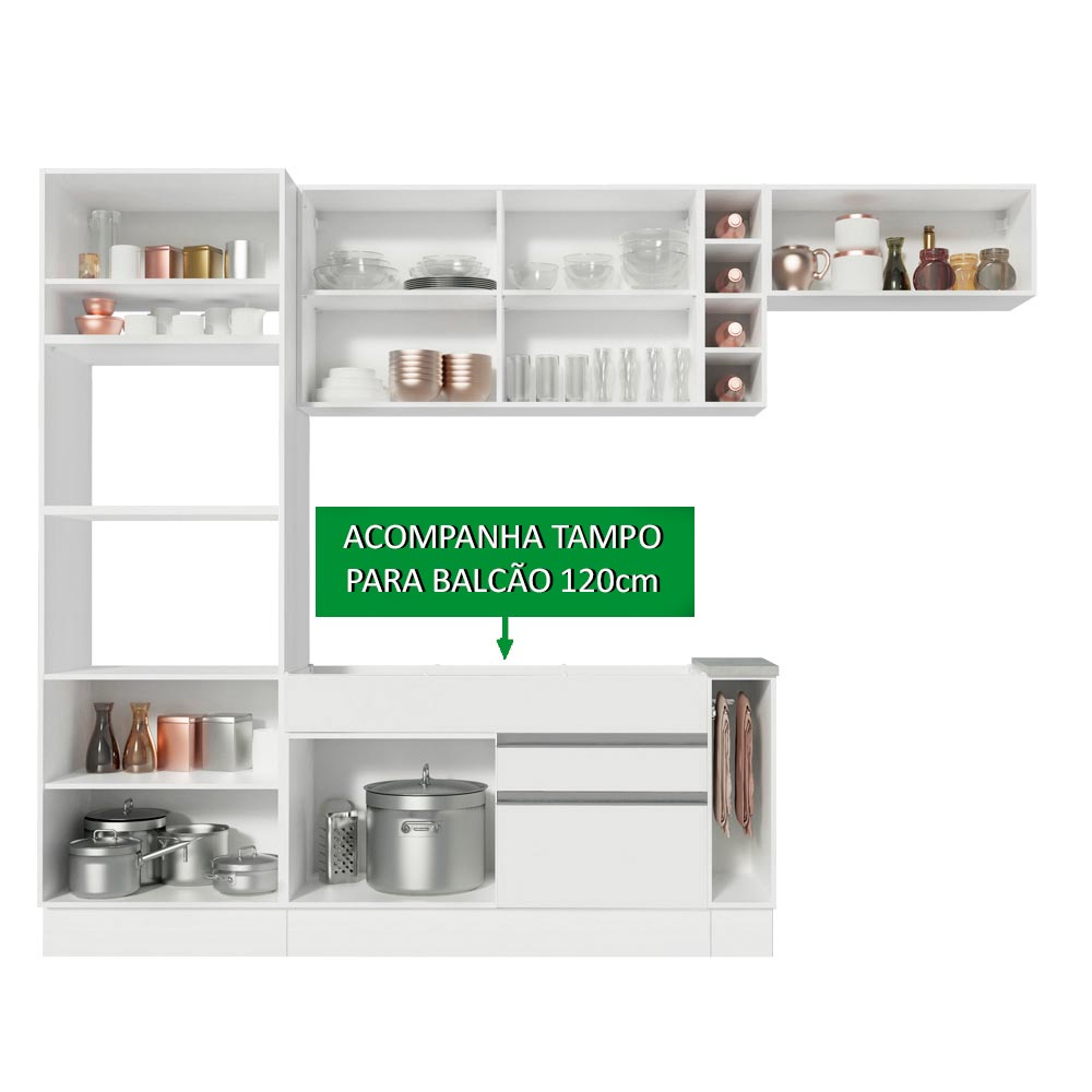 Cocina Integral Safira Blanco 290x225cm con Mesón de Madera Dos Cajones y sin Estufa - COCINAS | Bylmo