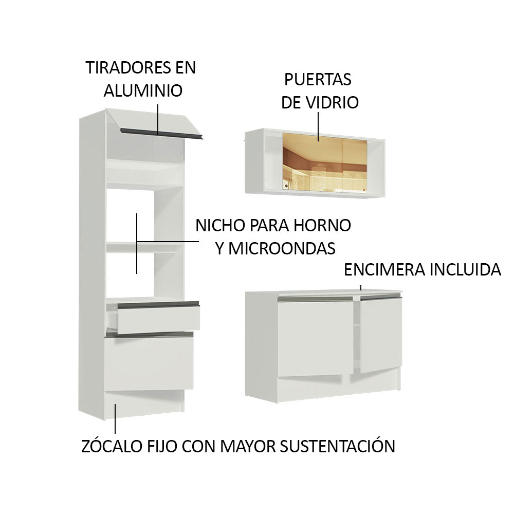 Cocina Integral Diamante Pop Blanco 180x210cm con Mesón de Madera Aglomerada MDP y sin Pozuelo