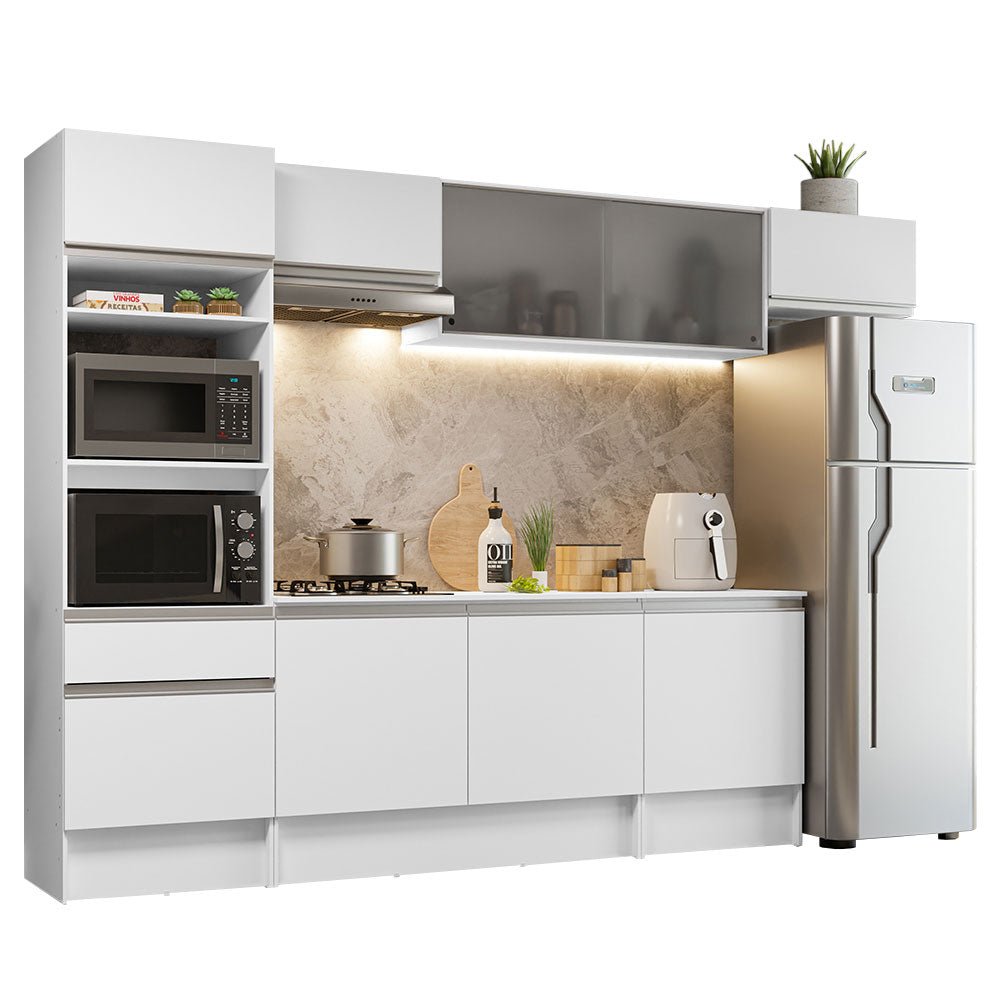Cocina Integral Topazio Blanco 300x210cm con Mesón de Madera y sin Estufa - COCINAS | Bylmo