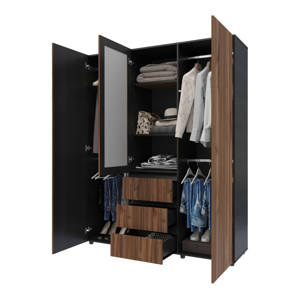 Closet Java Gales y Wengue 160x200cm con Tres Cajones y con Espejo - CLOSETS | Bylmo