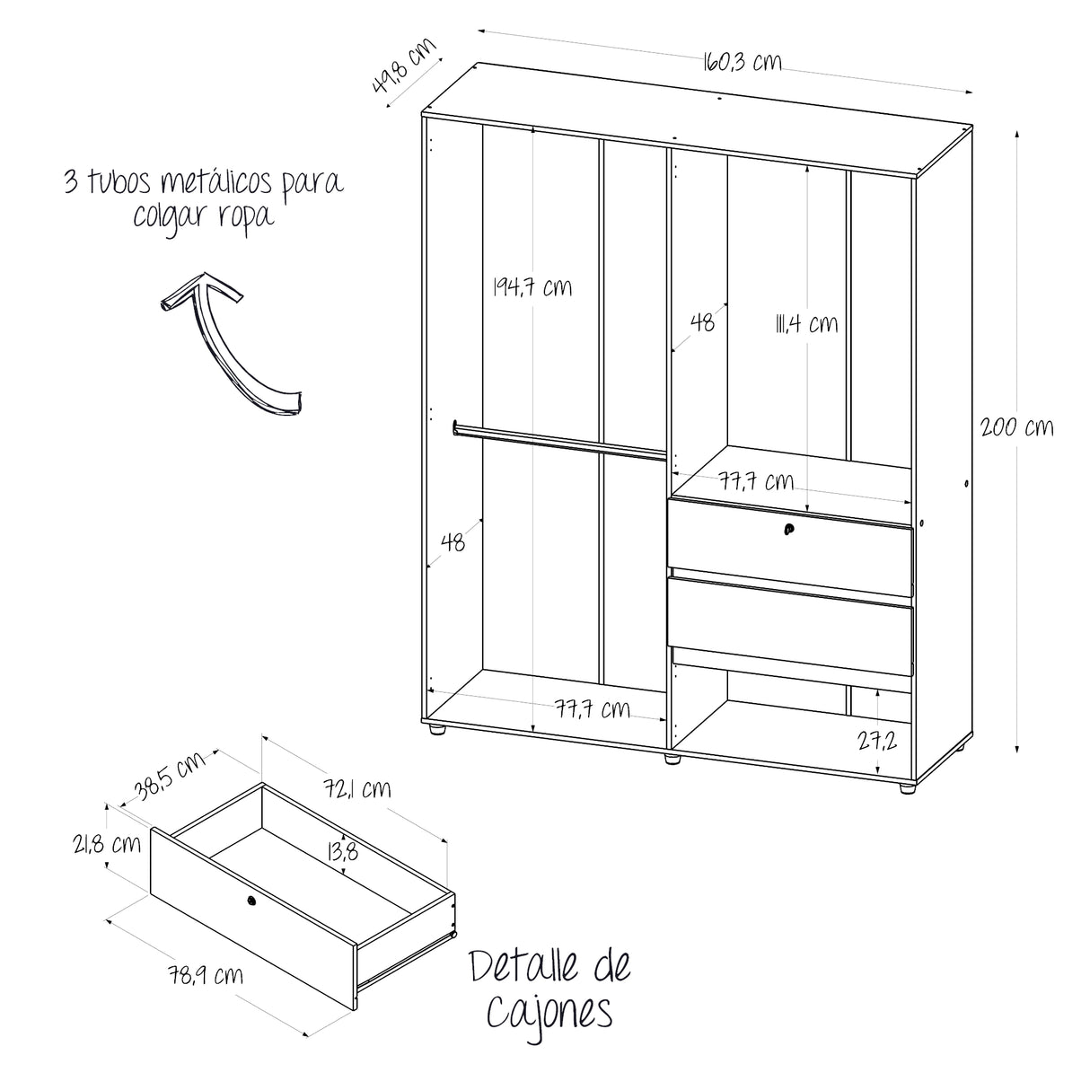 Closet Luanda Gales y Wengue 160x200cm con Tres Cajones - CLOSETS | Bylmo