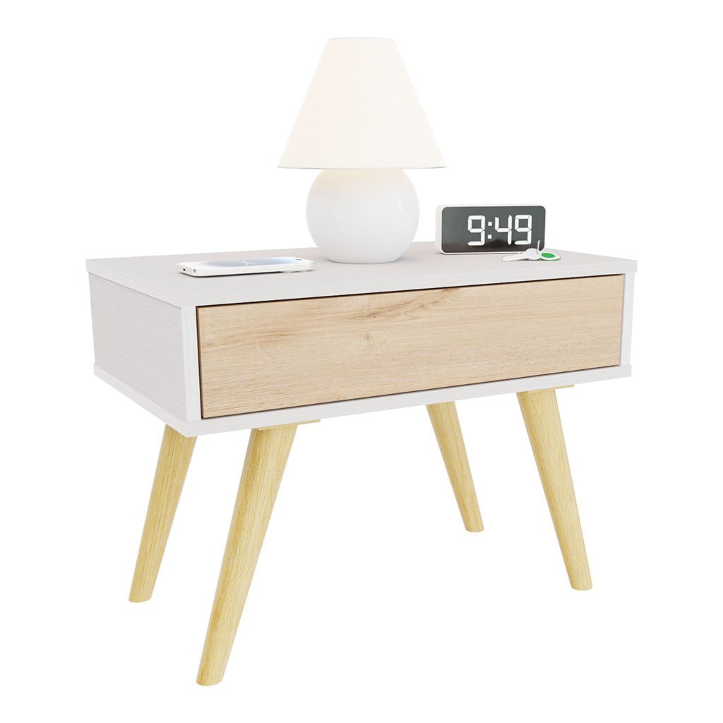 Mesa de Noche y de Centro Rigo Duna y Blanco 60x45cm con Patas y Un Cajón - MESAS DE NOCHE | Bylmo