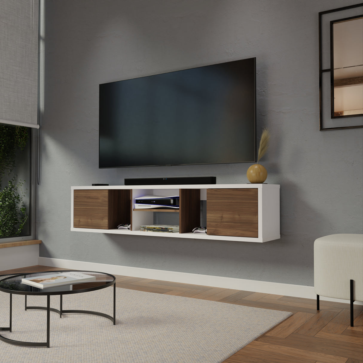 Mesa para TV Flotante Zafiro Blanco y Gales 160x35cm con Dos Cajones y para TV Hasta 65 Pulgadas - MUEBLES DE TV | Bylmo