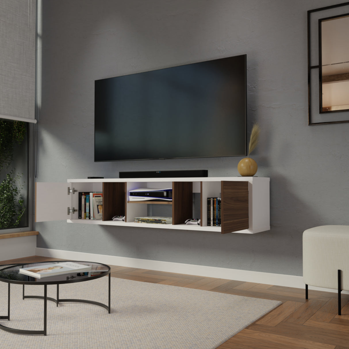Mesa para TV Flotante Zafiro Blanco y Gales 160x35cm con Dos Cajones y para TV Hasta 65 Pulgadas - MUEBLES DE TV | Bylmo