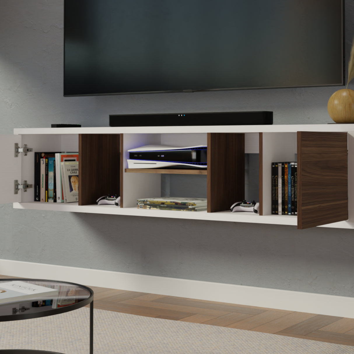 Mesa para TV Flotante Zafiro Blanco y Gales 160x35cm con Dos Cajones y para TV Hasta 65 Pulgadas - MUEBLES DE TV | Bylmo
