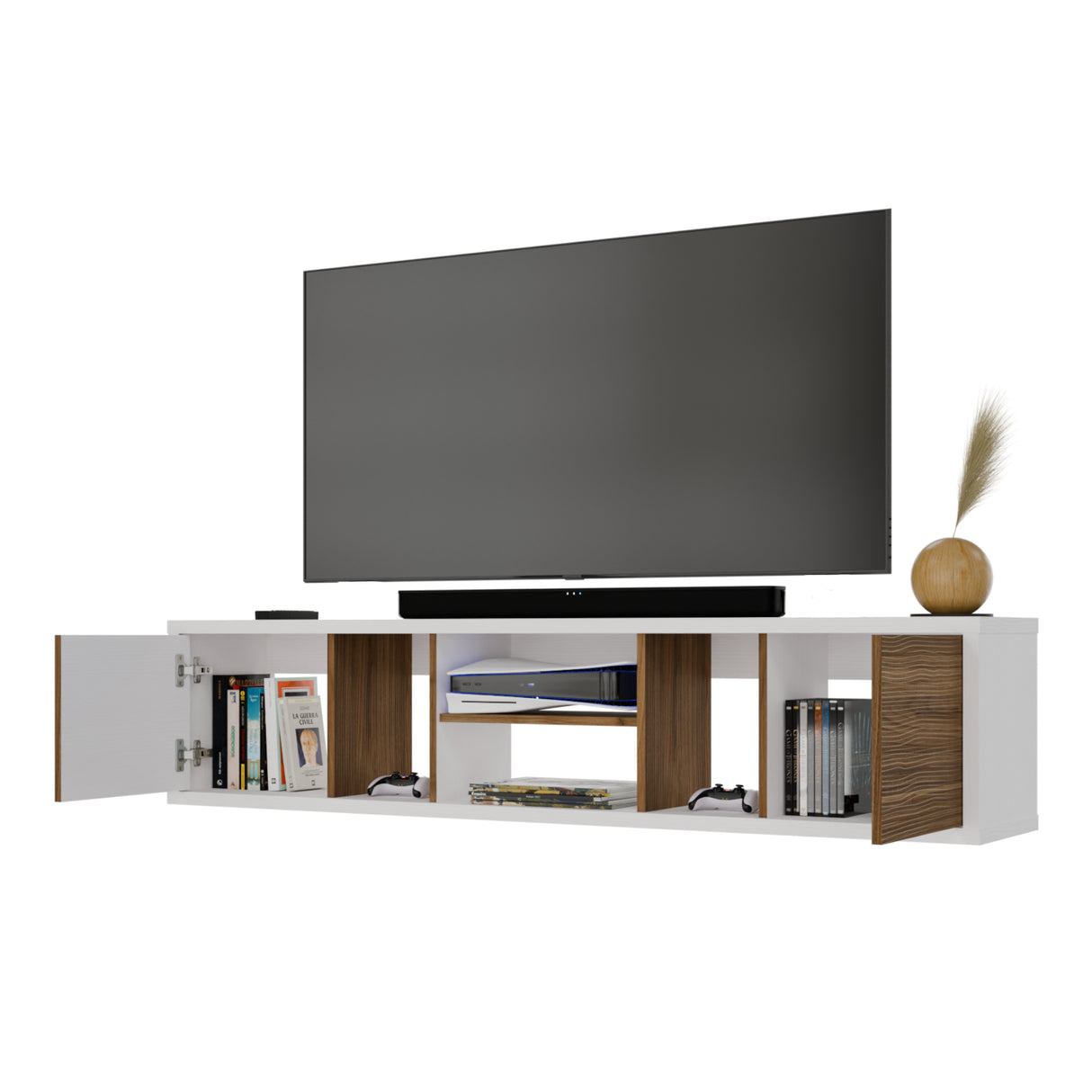Mesa para TV Flotante Zafiro Blanco y Gales 160x35cm con Dos Cajones y para TV Hasta 65 Pulgadas - MUEBLES DE TV | Bylmo