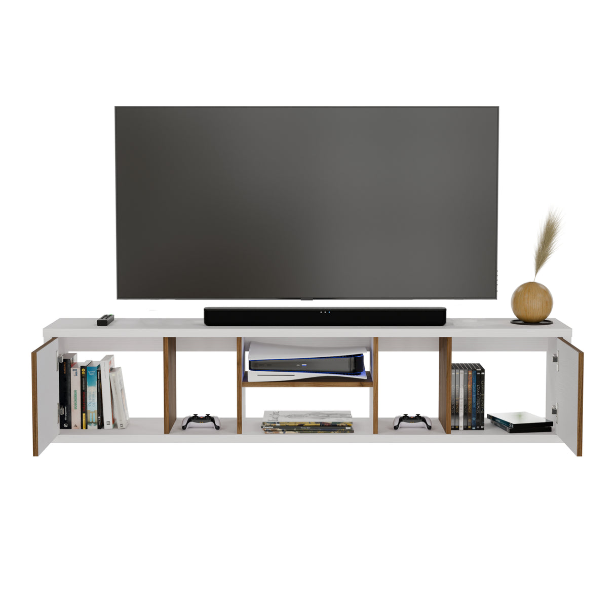 Mesa para TV Flotante Zafiro Blanco y Gales 160x35cm con Dos Cajones y para TV Hasta 65 Pulgadas - MUEBLES DE TV | Bylmo