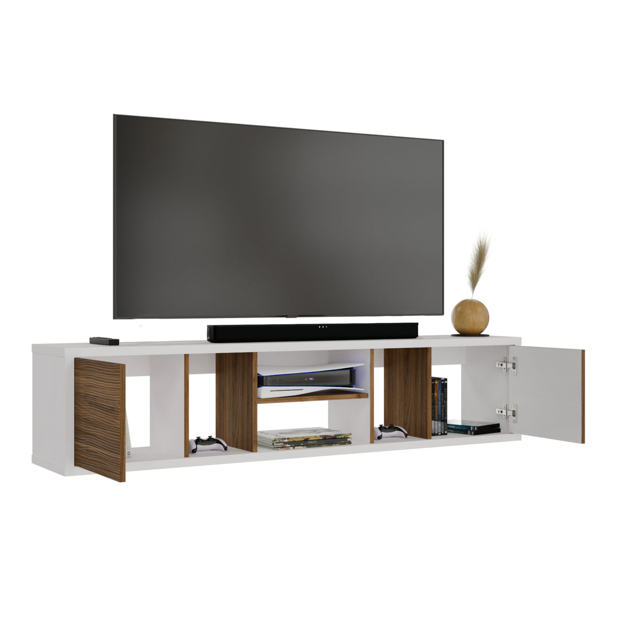 Mesa para TV Flotante Zafiro Blanco y Gales 160x35cm con Dos Cajones y para TV Hasta 65 Pulgadas - MUEBLES DE TV | Bylmo