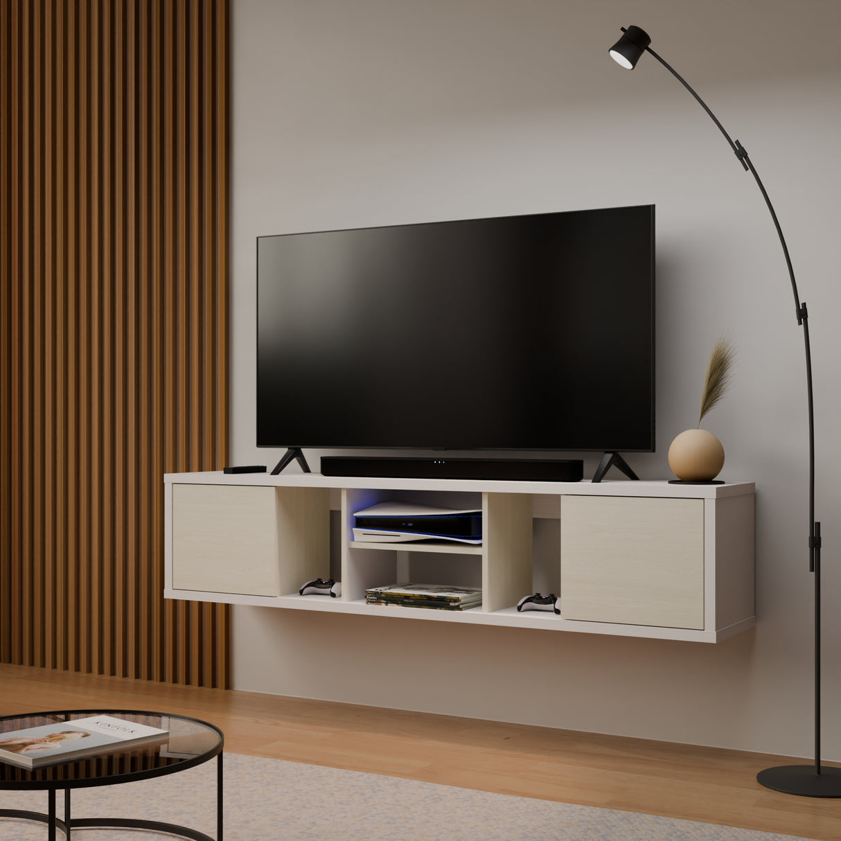 Mesa para TV Flotante Zafiro Blanco y Niebla 160x35cm con Dos Cajones y para TV Hasta 65 Pulgadas - MUEBLES DE TV | Bylmo